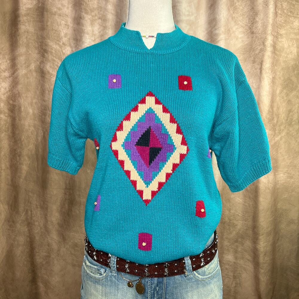 Vintage 90s Southwestern Print Sweater Diamond Short Sleeve Knit Western Boho